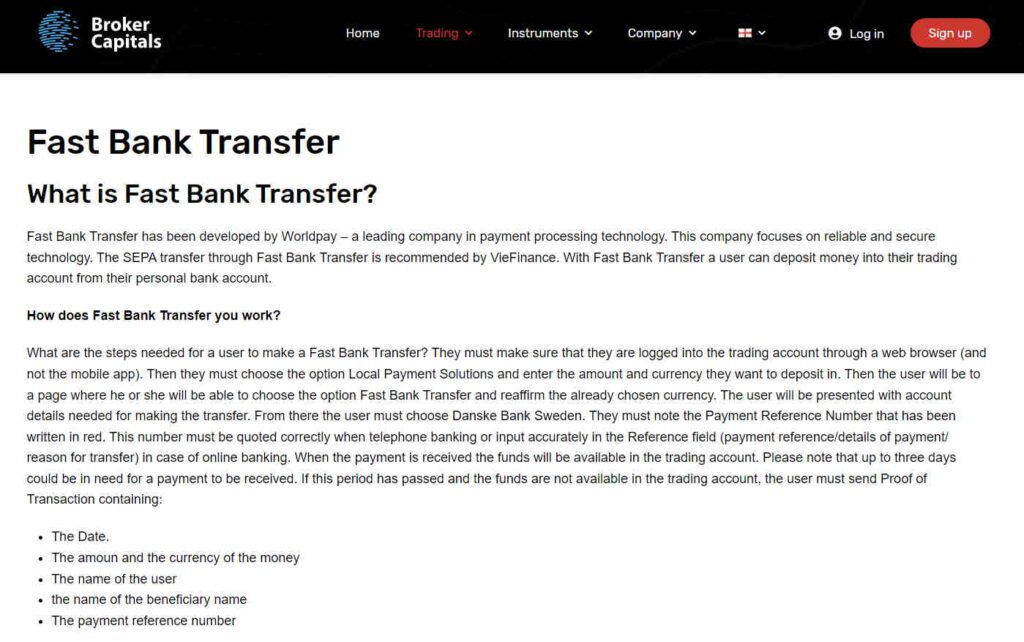 Broker Capitals promotes Fast Bank Transfer