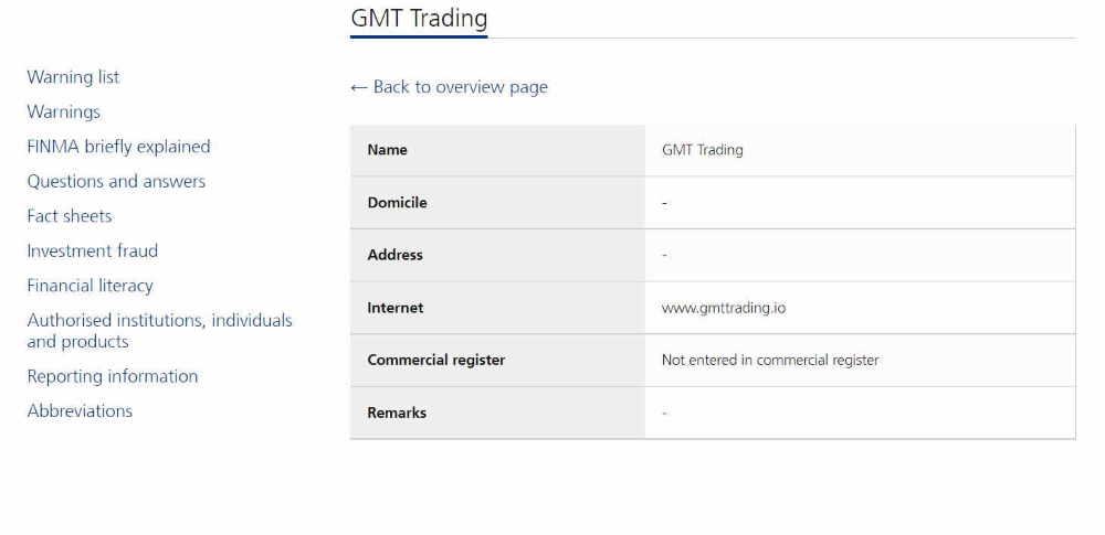 FINMA blacklisted GMT Trading